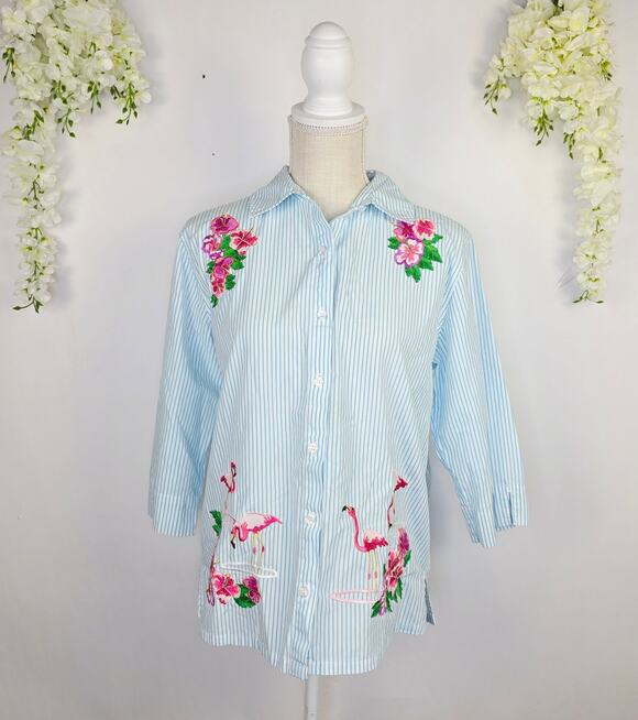 Bechamel Tops - Bechamel Petite Blouse Button Up Medium Blue Stripe Flamingo Embroidery Tropical